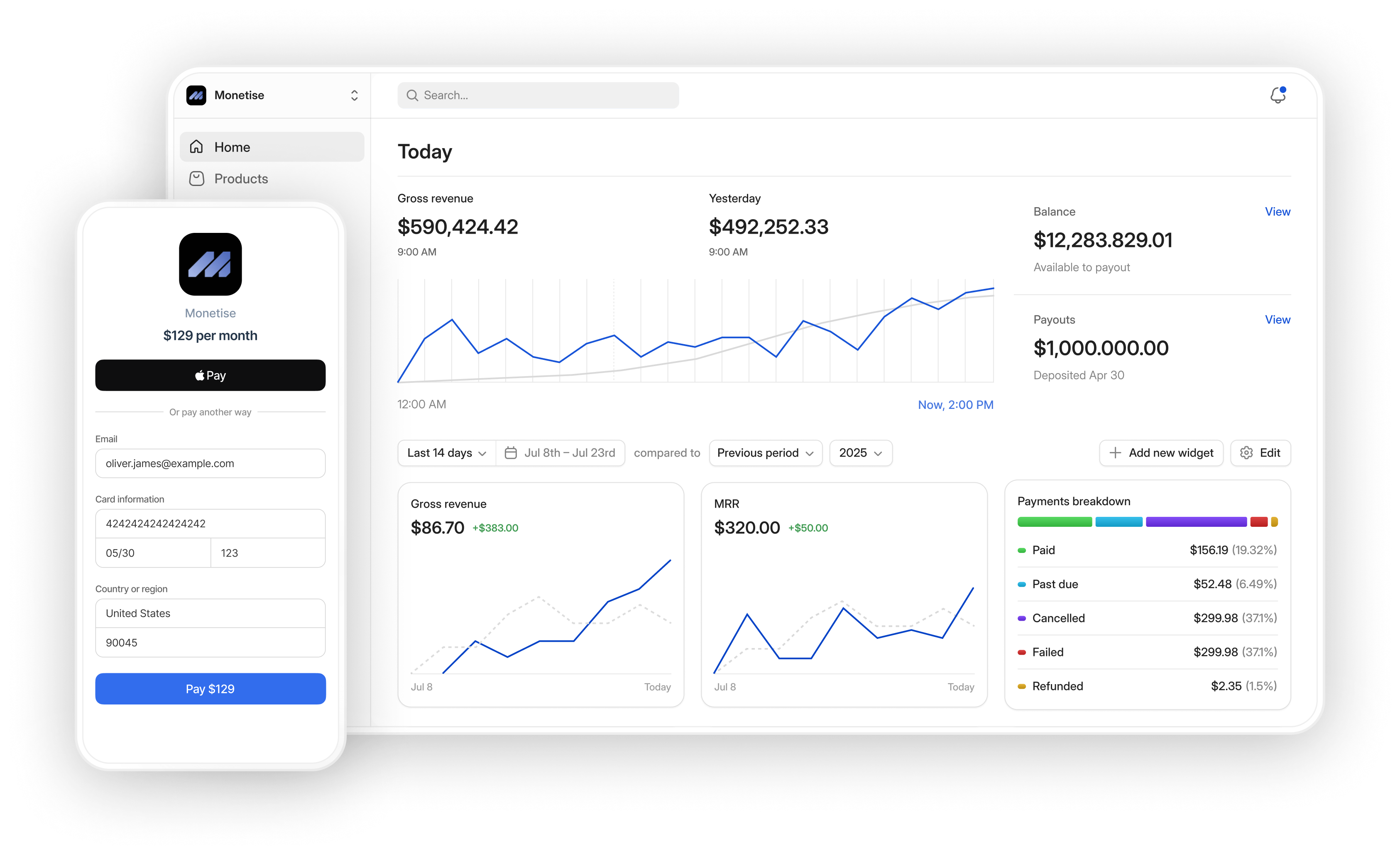 Payment form and analytics dashboard
